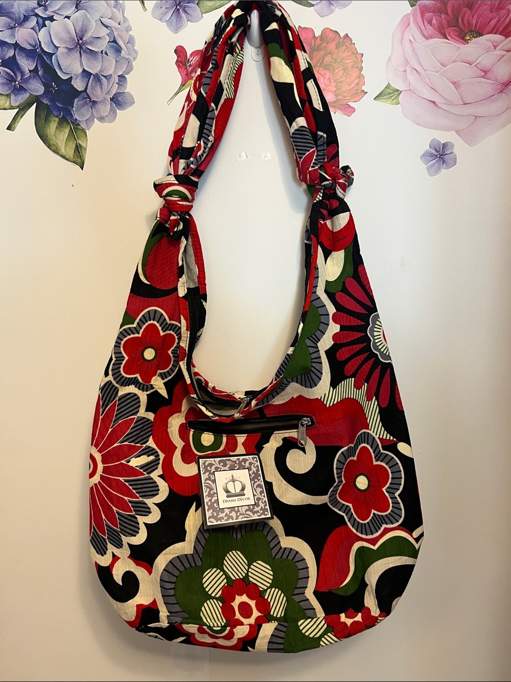 Boho Floral Hobo Bag - Red, Black & Green